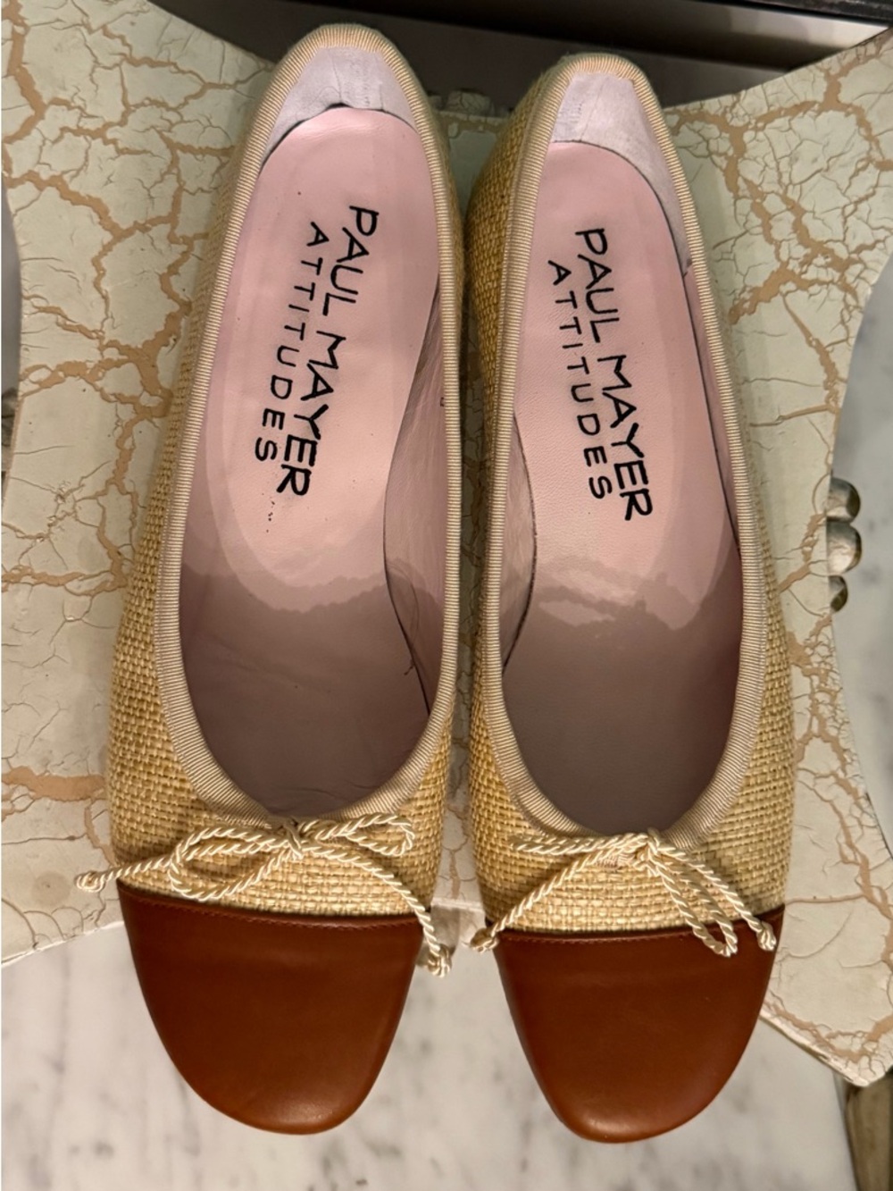Paul Mayer Beige Raffia Flats with Cognac/Brown Toe Cap Handmade